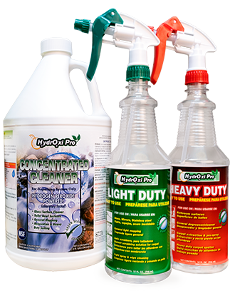 HydrOxi Pro Concentrated Cleaner with red and green spray bottles